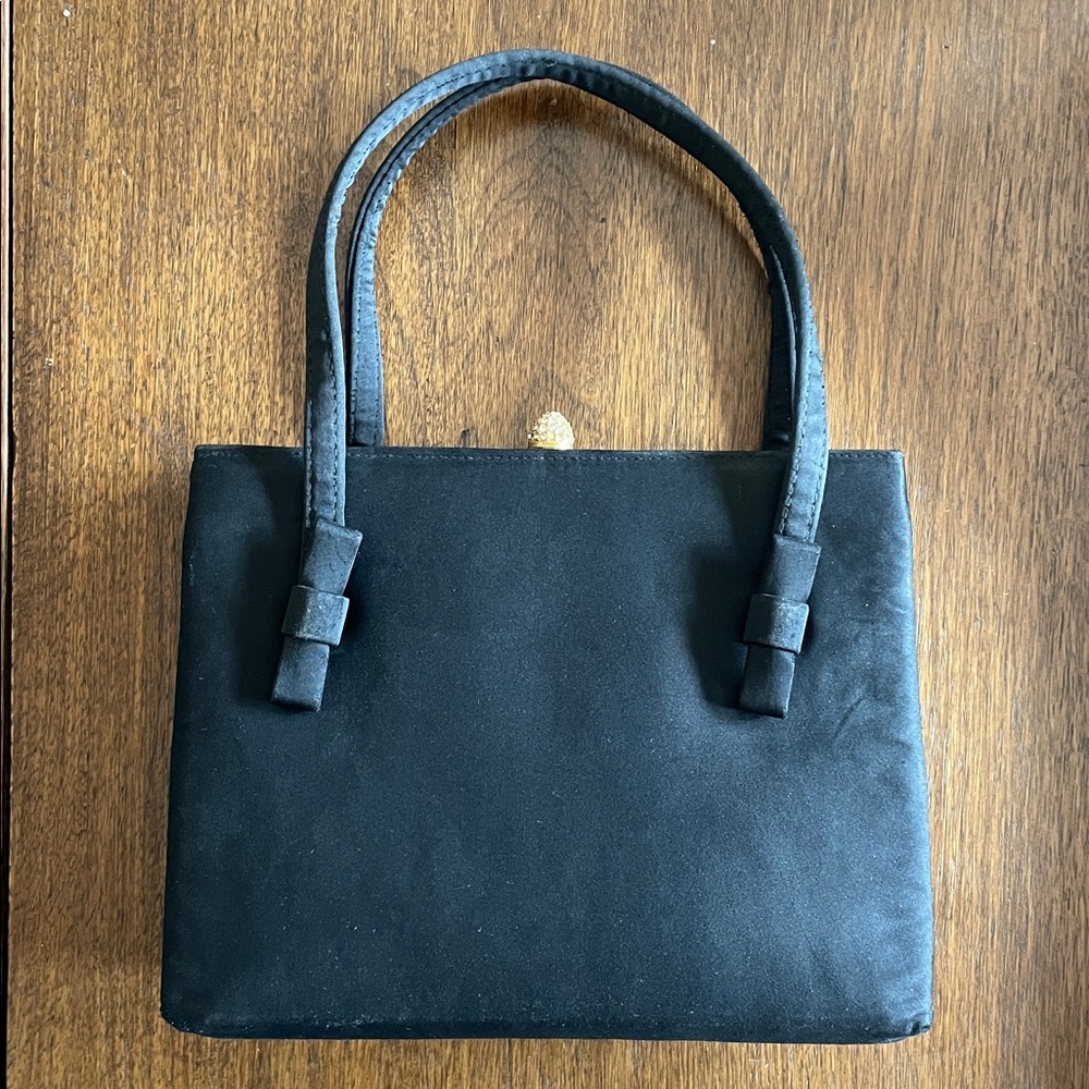 Antique Black Evening Bag with Bow Accents and Rhinestone Closure